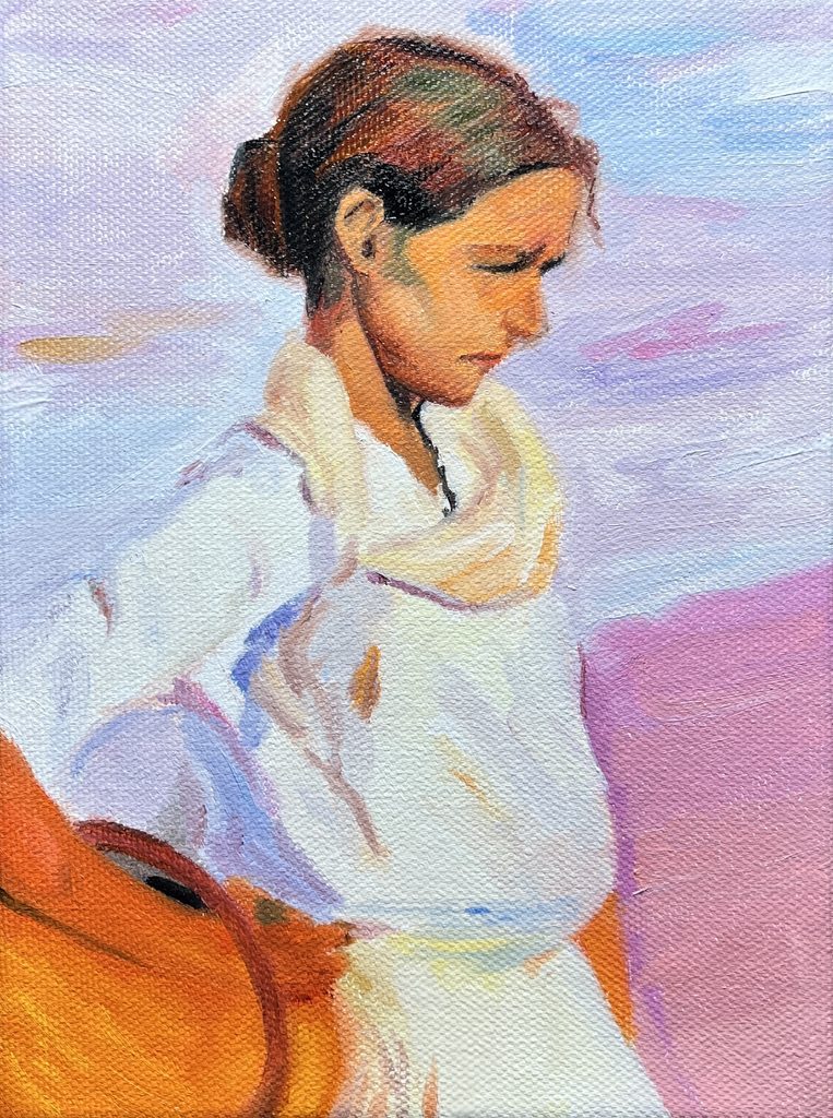 painting of a woman at the beach wearing a white shirt and skirt