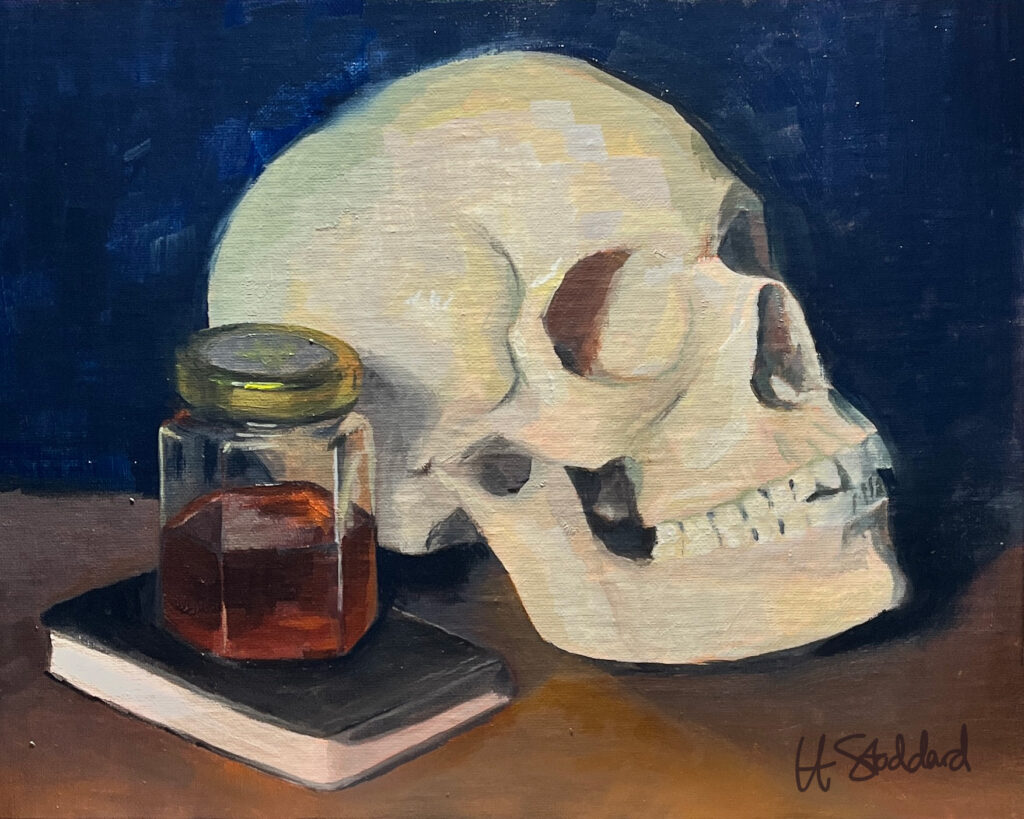 painting of a skull, small book, and jar of honey