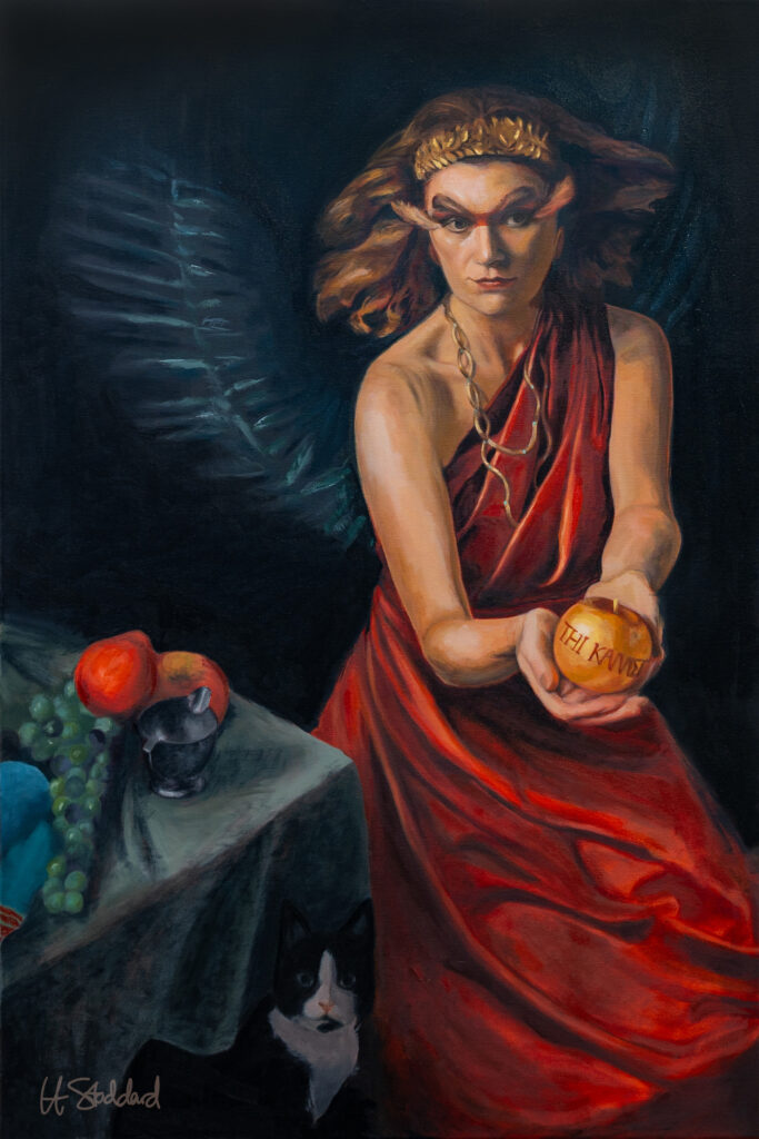 painting of a greek goddess holding a golden apple