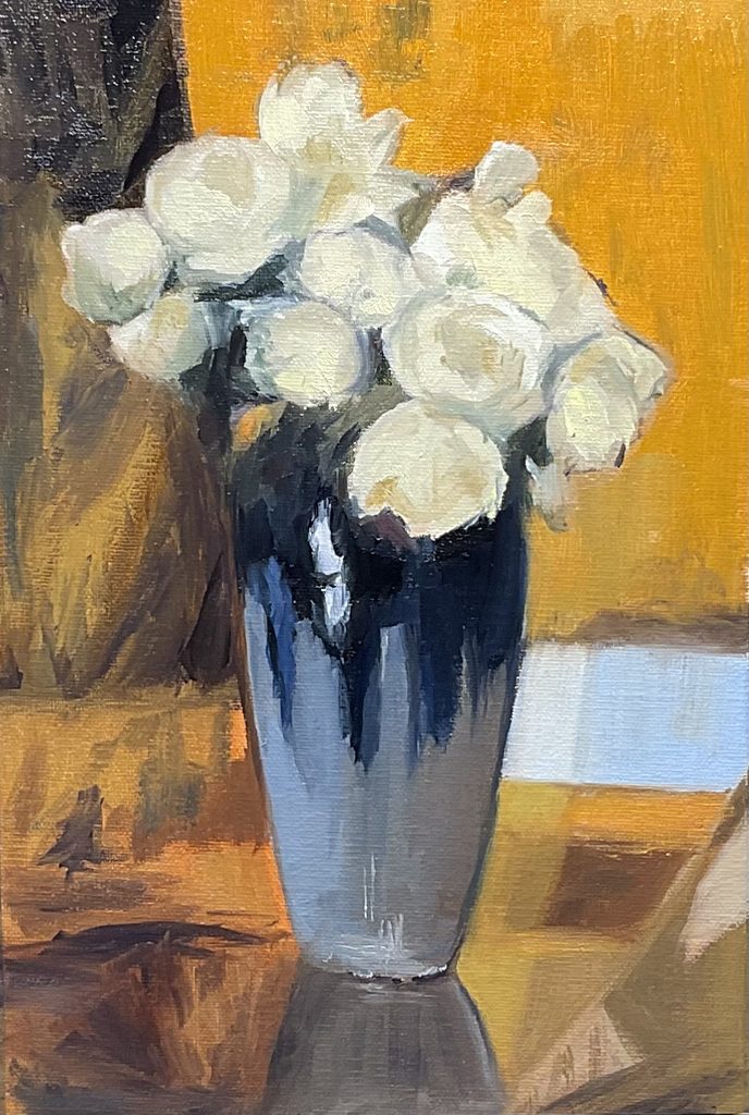 painting of a bouquet of white roses in a blue vase