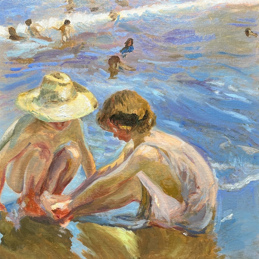 Painting of two children playing at the beach