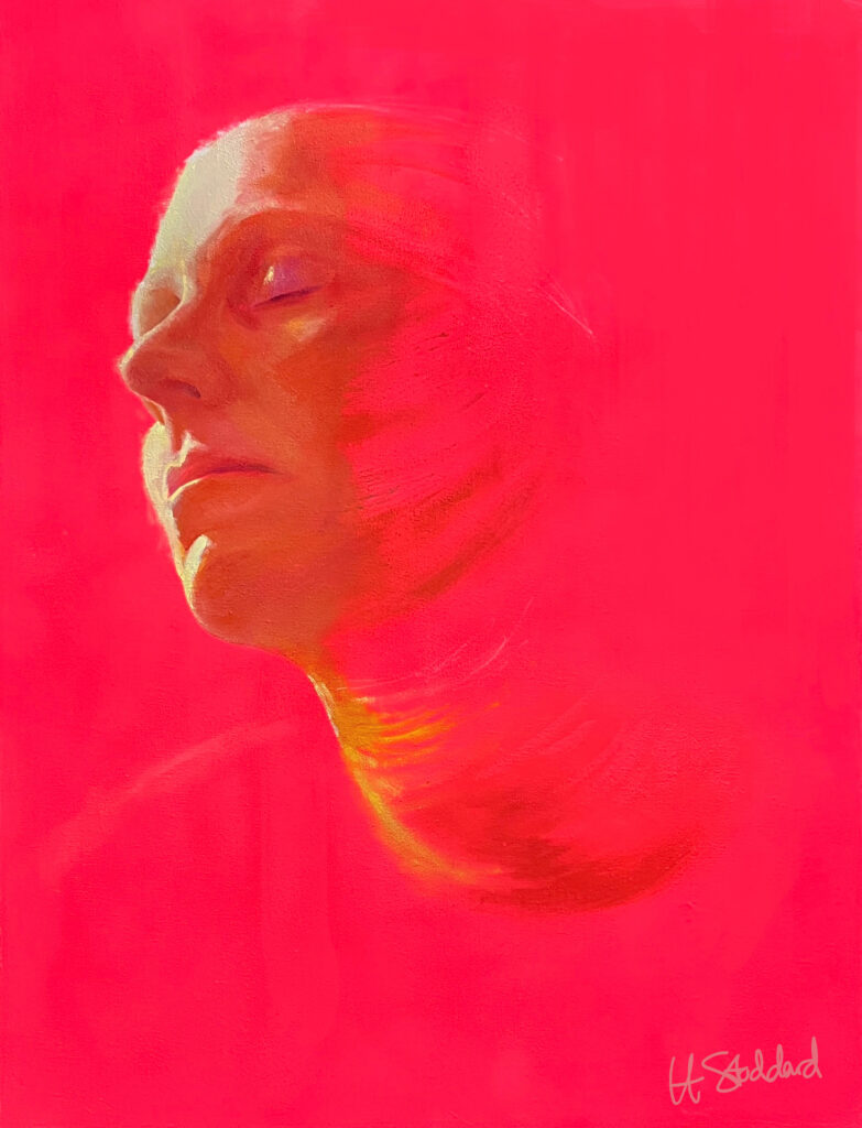 painting of part of a woman's face against a bright pink background